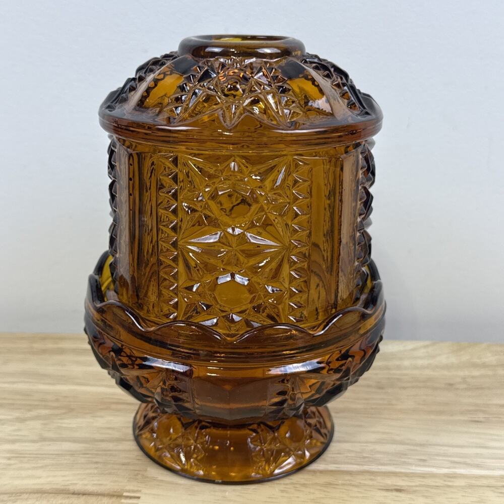 Vintage Dark Amber Stars And Bars Fairy Lamp Indiana Glass Excellent